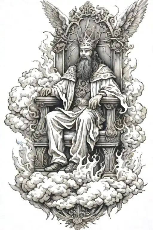 King Of Kings Sitting On Throne Of Cloud And Fire Surrounded By Flying Angels