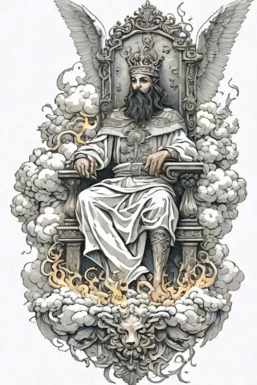 King Of Kings Sitting On Throne Of Cloud And Fire Surrounded By Flying Angels
