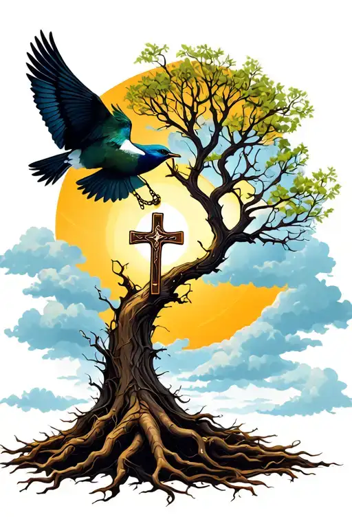 Root Tree Growing Towards Bird Flying Holding A Cross Necklace With The Sun And Clouds Overhead