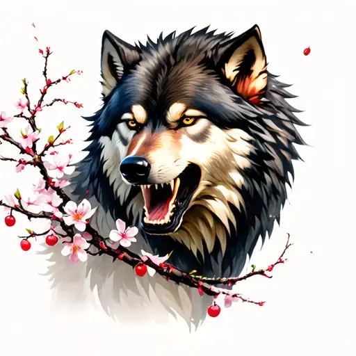 Fenrir Style Wolf Growling With Cherry Blossoms