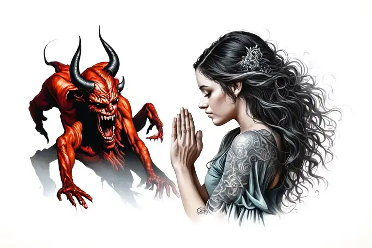 Woman Praying To God While Devil Is Creeping Behind Her Back