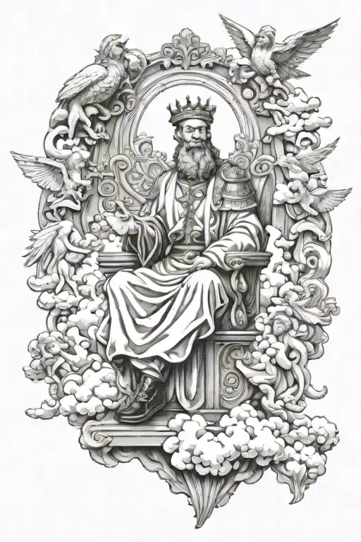 King Of Kings Sitting On Throne Of Cloud And Fire Surrounded By Worshiping Angels