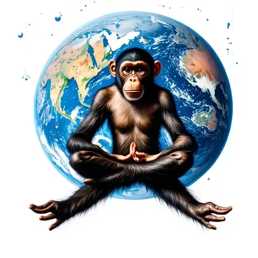 Monkey Meditating Above The Earth Viwed In Space