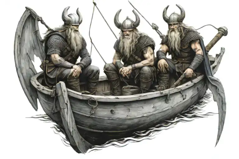 Vikings On A Boat With Odin Above Watching And Taking Care Of Them