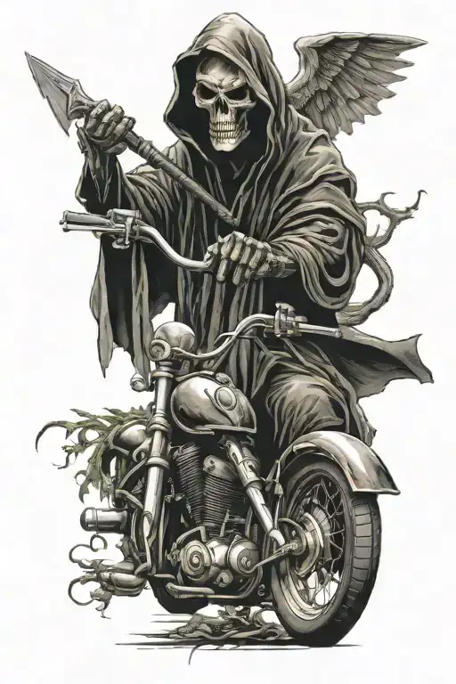 Grim Reaper Holding Scythe Riding A Motorcycle