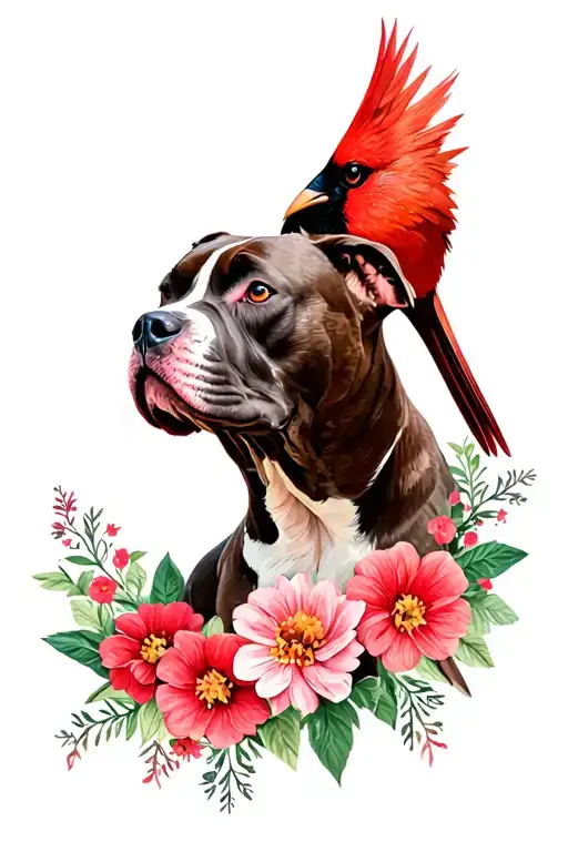 Cardinal Bird With Flowers And Pitbull Dog