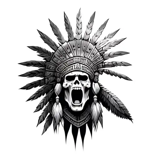 Aztec Screaming Skull Warrior With Headdress Being Worn Facing Forward