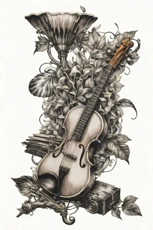 A Tattoo Design Combining Musical Instruments And Nature Elements
