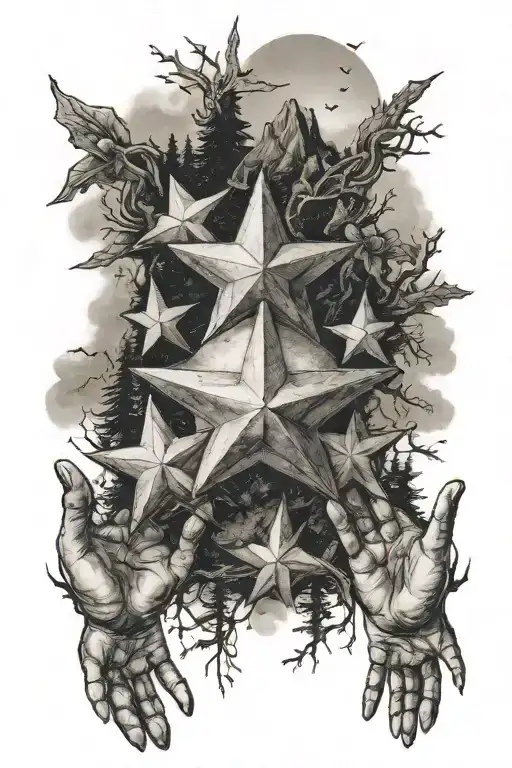 A Five-headed Star Held By Children's Hands Against The Backdrop Of Mountains And Forest