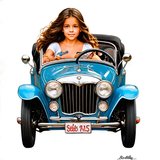 A Realistic Portrait Of Your Daughter Driving A Vintage Car
