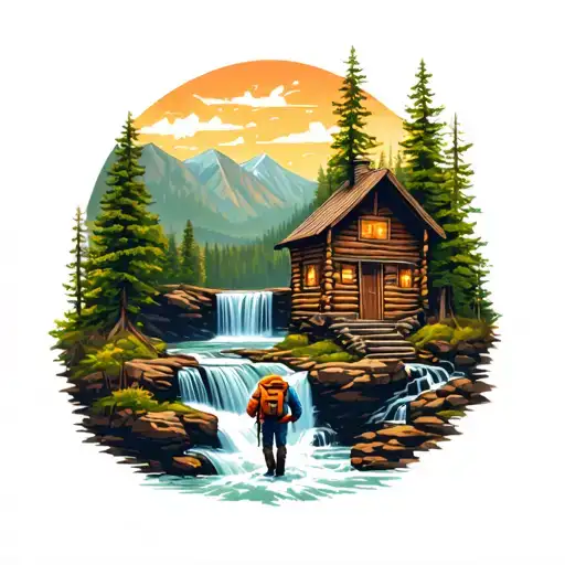 Man Hiking Next To A Waterfall In The Middle Of A Forest To A Wooden Cabin
