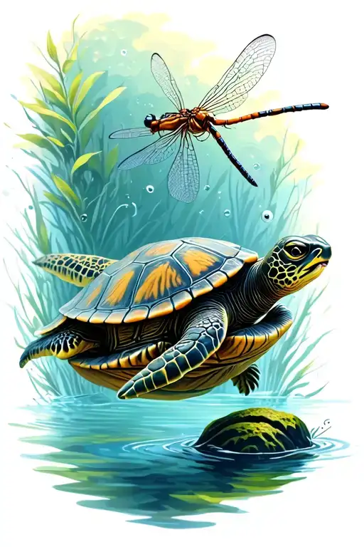 A Realistic Turtle Swimming Under Water With A Dragonfly Sitting On A Rock