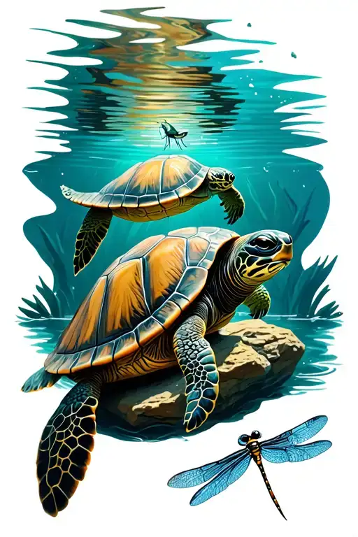A Realistic Turtle Swimming Under Water With A Dragonfly Sitting On A Rock On Land