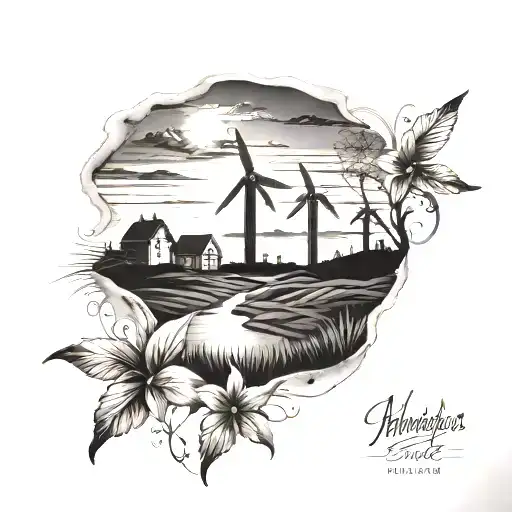 Sunset Over Silhouette Of Hills With Windmills