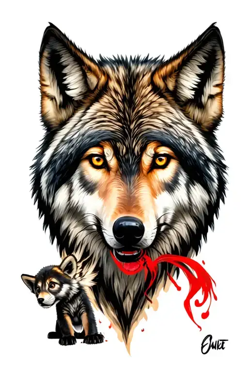 Wolf With Injury With 2 Whole Cubs