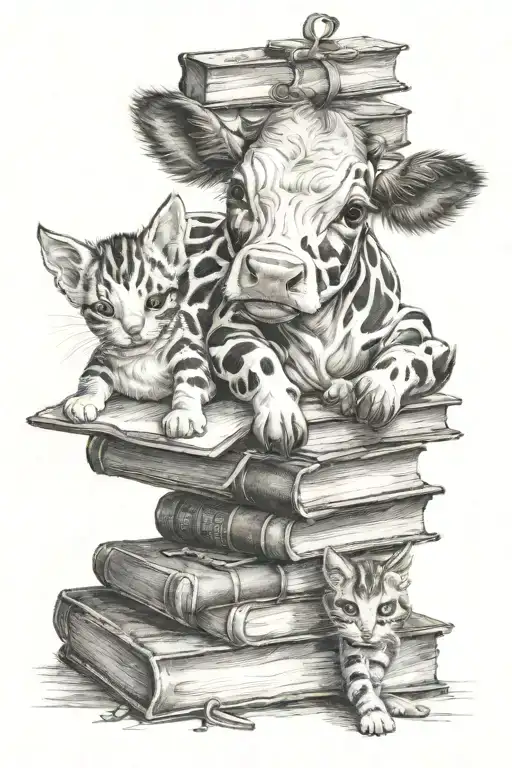 Baby Cow With A Kitten Playing At Its Feet And Old Books Stacked Up
