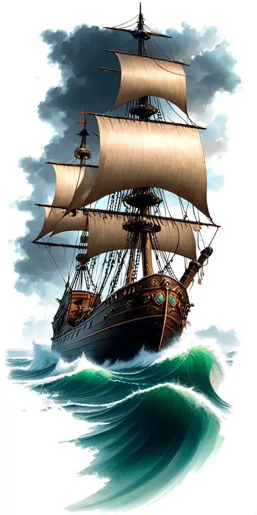 Pirate Ship Sailing Through Stormy Seas