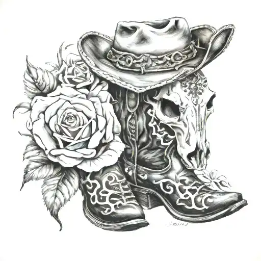 Country And Western Style Cow Skull Cowboy Boots Cowboy Hat Roses Mam Dad