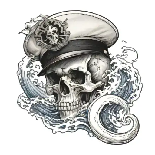Realistic Waves Crashing Against A Skull Wearing A Captain's Hat