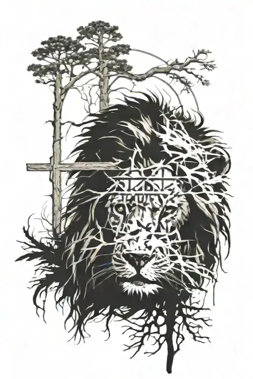 Lion Head With Crosses And Woods Surrounded
