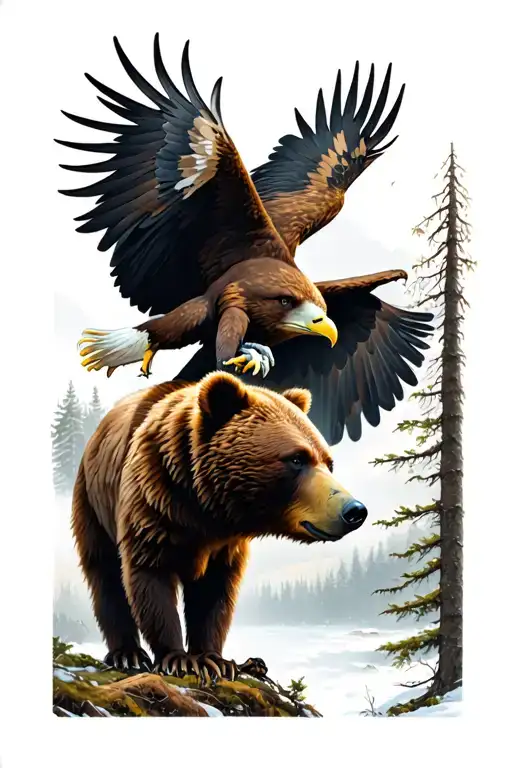 Bear And Eagle In The Woods Surrounded