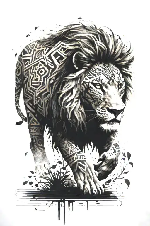 A Lion With Aztec Patterns Prowling Through A Pixelated Forest