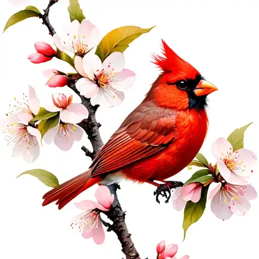 Red Cardinal Bird Cherry Blossom