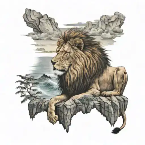 Lion Standing On Cliff Overlooking The Ocean