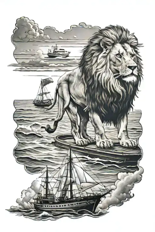 Lion Standing Overlooking Ocean With Boat In It
