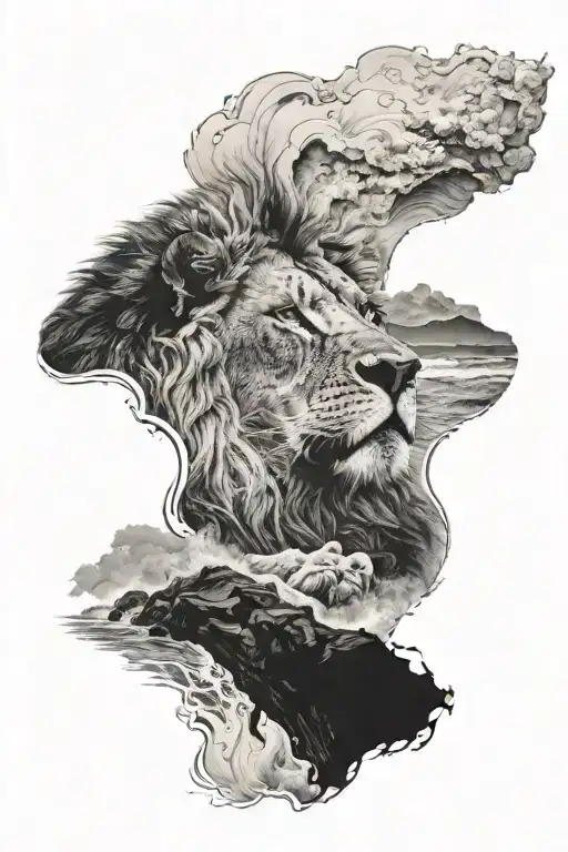 Lion Laying Down On Cliff With Waves Crashing Beneath It
