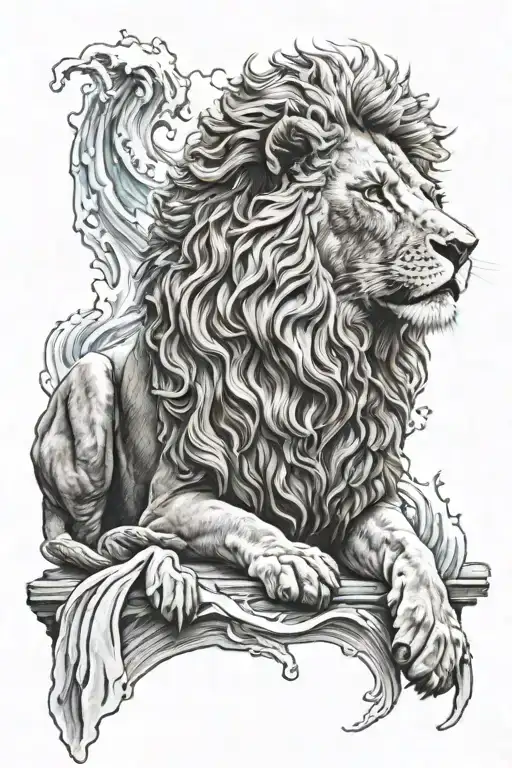 Lion Laying Down On Perch With Waves Crashing Beneath It