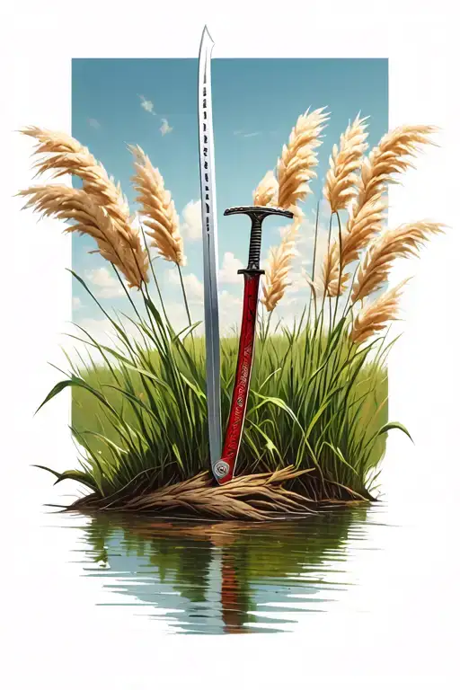 Katana Stuck In Ground Near Stream Pampas Grass Field