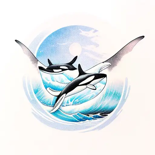 Orca Surfer Through Wave Below A Thin Moon