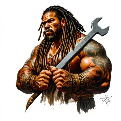 Dreadlock Samoan Warrior Holding Wrenches