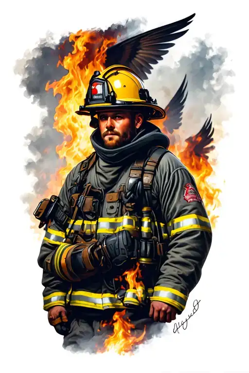 Firefighter Surrounded By Fire Watched Over By An Angle