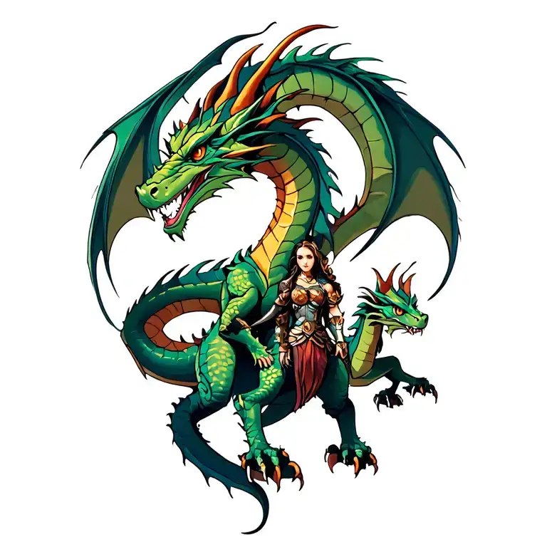 Dragon With 2 Small Dragons And Female Warrrior