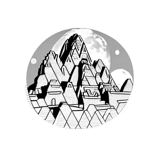Machu Picchu Underneath The Moon In Front Of A Geometric Circle Background Narrow Shot