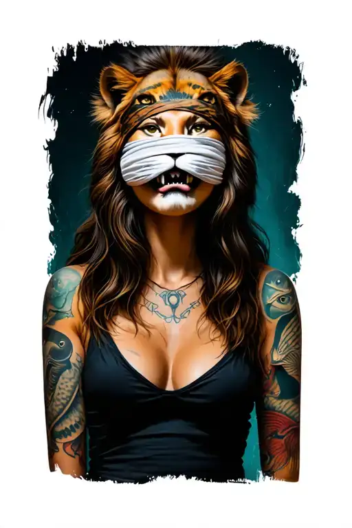 Girl Blindfolded With Three Tooth With Lion Head Wearing And Fish Symbool On Arm Tatoo