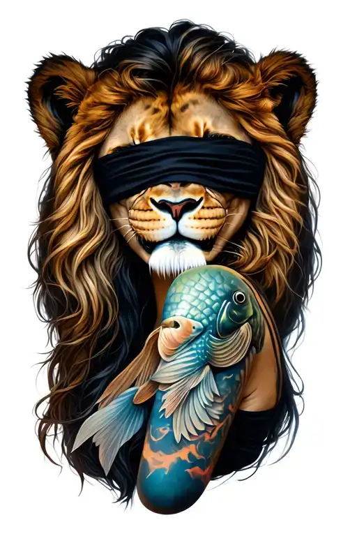 Girl Blindfolded With Three Tooth With Lion Pels Wearing And Fish Symbool On Arm Tatoo