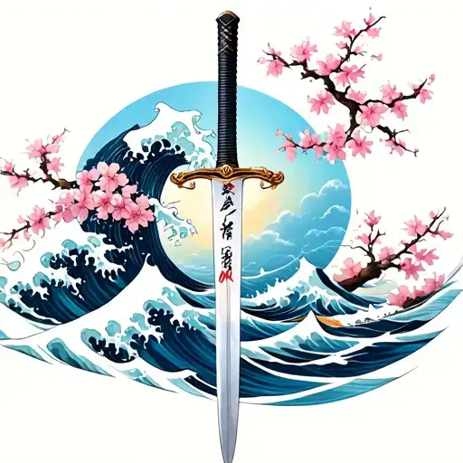 Samurai Sword In The Middle Surrounded By Waves And Cherry Blossoms