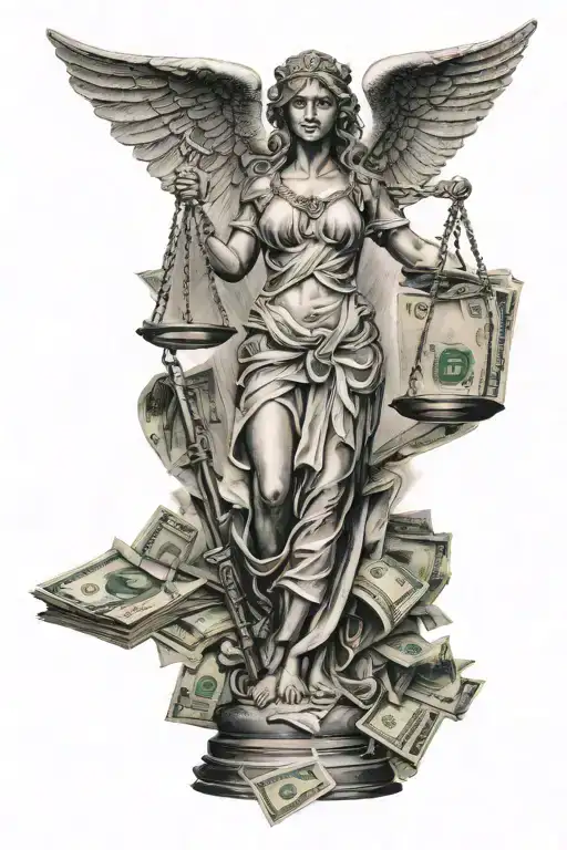 Lady Justice With Cuts And Bruises Blind Folded With Money