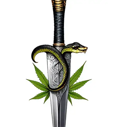 A Dagger With A Snake Writhing In The Background Of Marijuana Leaves