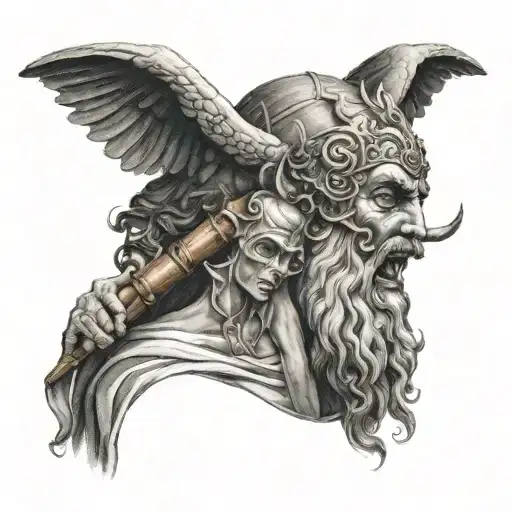 Dioness Greek God Holding Satanic Mask Over One Side Of His Face And The Other Holding Wine