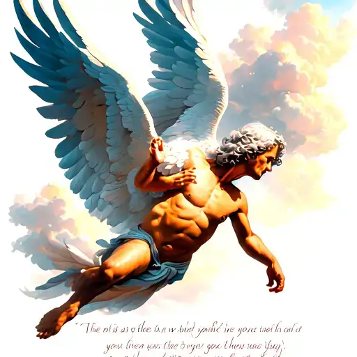 A Falling Icarus Tattoo With Clouds Surrounding And A Small Bible Verse