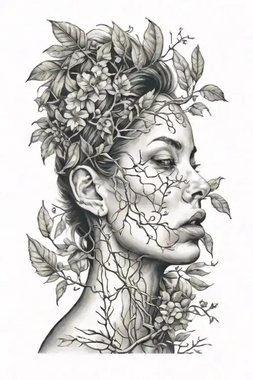 Woman With Finger In Front Of Mouth On Her Calf With Branches In The Background