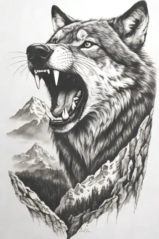 Growling Wolf Face And Realistic Rocky Mountains Inside