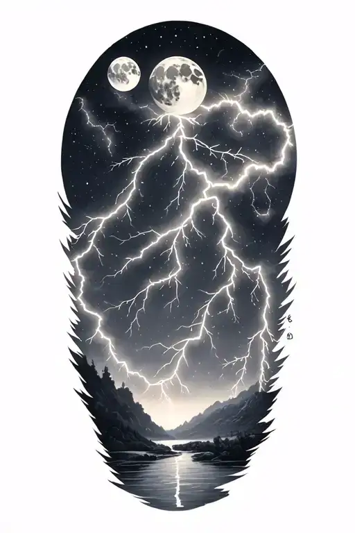 Night Sky Filled With Constellations Moon Thunderstorm Lightning Bolts