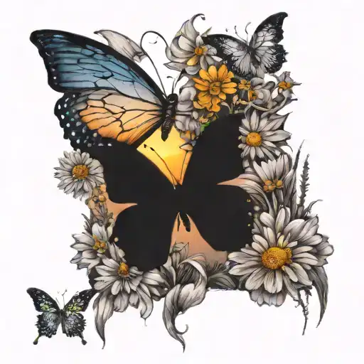 A Beautiful Peaceful Sunset Over A Field Of Flowers And Butterflies