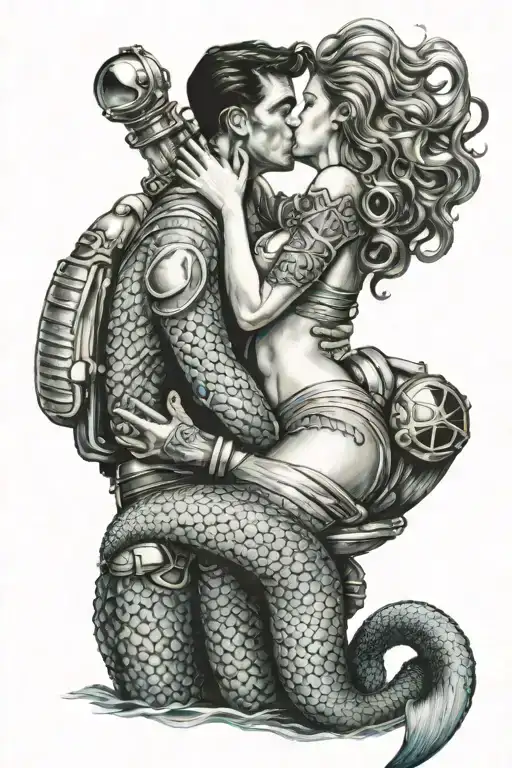 A Mermaid Kissing A Deep Sea Diver Suit