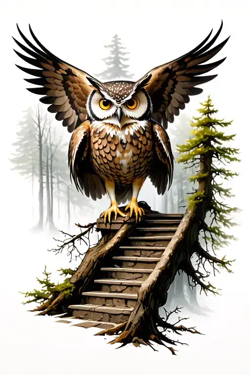 Owl With Wings In The Diagonal And Wolf Down Stairs And Branches And Bottom Trees